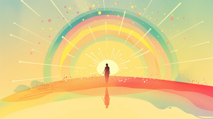 Vector art illustration of a figure under the rays of the sun, rain and rainbow, minimalist design with shades of a sunny day, emphasizing joy and happiness