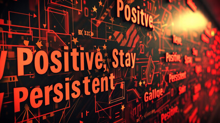 A vibrant vermilion background illuminating the compelling words "Stay Positive, Stay Persistent"