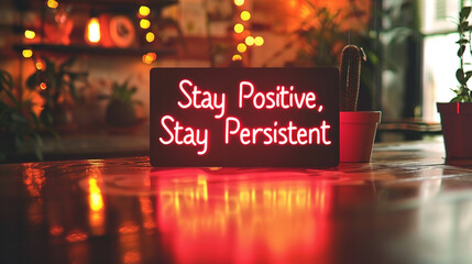 A vibrant vermilion background illuminating the compelling words "Stay Positive, Stay Persistent"