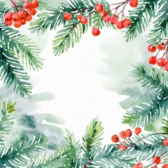 Kwadratowa ramka świąteczna gałęzie choinki i jarzębina