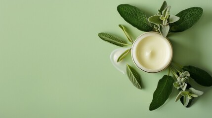 A jar of cream is surrounded by green leaves