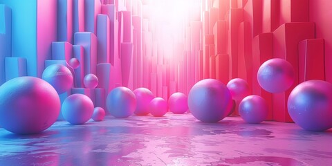 A colorful room with pink and blue walls and pink and blue balls