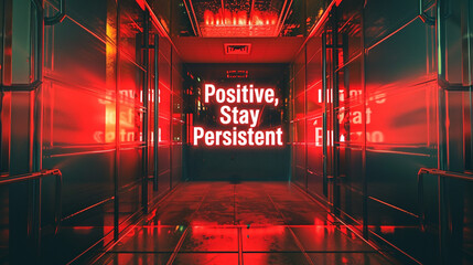 A vibrant vermilion background illuminating the compelling words "Stay Positive, Stay Persistent"