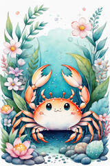 Watercolor composition cute kawaii characters crab, cartoon character.