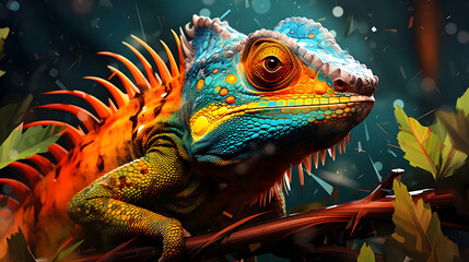 Fototapeta premium A terrible chameleon is sitting on a tree