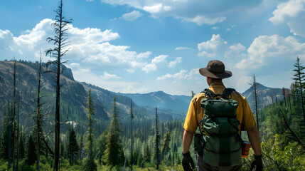 A low-angle perspective of a forest ranger monitoring a vast stretch of pristine wilderness, emphasizing the importance of vigilance and proactive measures in wildfire prevention through the use of le