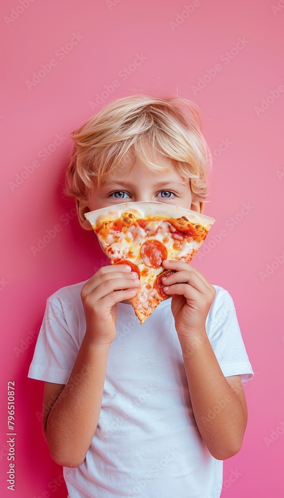 Poster cheerful boy savoring pizza on gentle background with ample space for personalized text placement