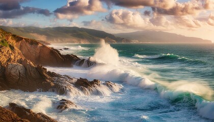 . "Coastal Serenade: Harmonizing Waves in Summer's Embrace"coast, clouds, rocks, surf, travel, stone, beauty, fog, 