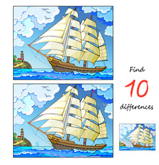Find 10 differences. Illustration of a seascape with sailboat. Logic puzzle game for children and adults. Educational page for kids brain teaser book. Developing to counting skills. Vector drawing.