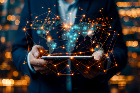 Businessman holding tablet with world map and global network connection cloud computing technology background concept