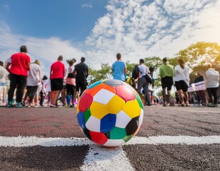 A soccer ball with vibrant red, yellow, blue, black, white, green, colours on it with a crowd in the background walking to a European soccer match