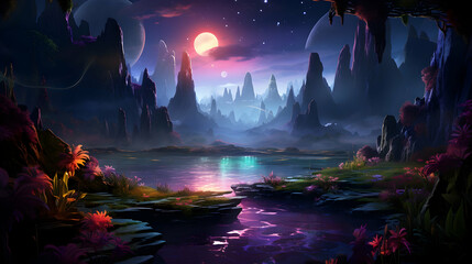 Fantasy landscape with forest and mountains on the background of the moon