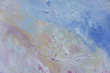 Abstract sky and flowers painting. Decorative gentle background. Hand painted chestnut blossom.