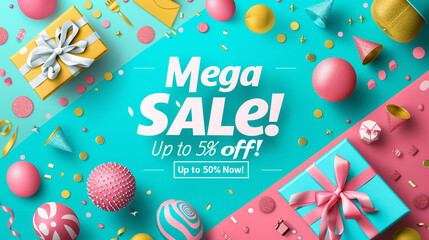 A vibrant turquoise background with bold white text "Mega Sale! Up to 50% off! Shop Now!"