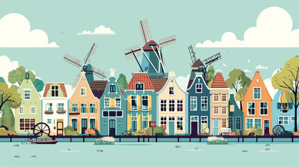 Vector illustration with traditional dutch houses  - obrazy, fototapety, plakaty
