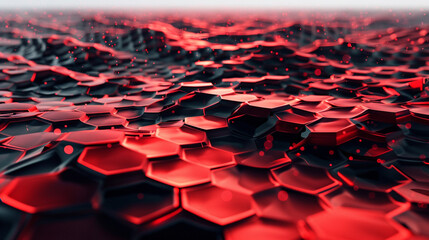 Dynamic waves of shimmering red hexagons cascading across a futuristic landscape.