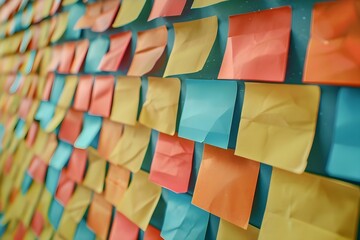 Topics in an online fan community represented by colorful sticky notes on a bulletin board. Concept Fan Theories, Memes and Jokes, Fan Art Showcases, Character Discussions, Fanfiction Recommendations