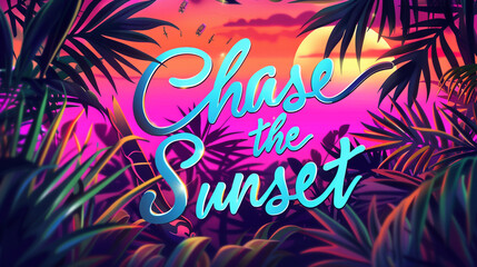 A vibrant tropical sunset setting with the quote "Chase the Sunset" in adventurous lettering.