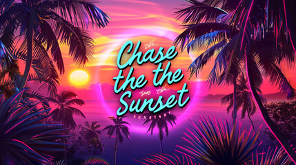 A vibrant tropical sunset setting with the quote "Chase the Sunset" in adventurous lettering.