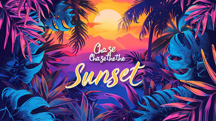 A vibrant tropical sunset setting with the quote "Chase the Sunset" in adventurous lettering.