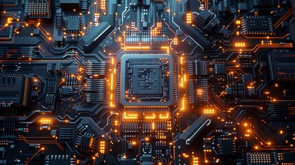 Central Microchip Surrounded by Glowing Electronic Circuits