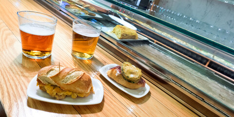 Typical Spanish Tapa and Beers at Restaurant Bar, Spain, Europe