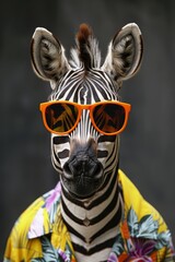 Fototapeta premium Stylish zebra in vibrant attire zebra wearing orange sunglasses and colorful hawaiian shirt