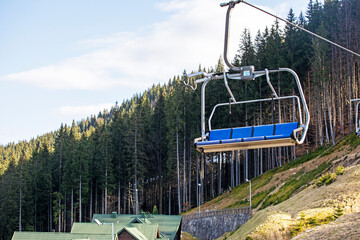 ski lift without people on a sunny day on the slope. Leisure. school break