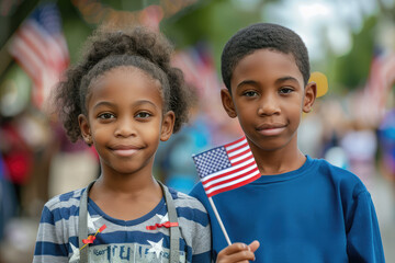 Two young African American children are holding a red and white American flag