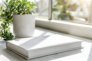 Minimalistic White Book Cover Mockup on White Background for Design Showcase. Concept Book Design Showcase, Minimalistic Mockup, White Background, White Book Cover