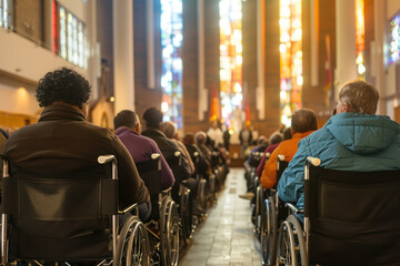 Large group of disabled people attend a church service
