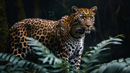 Naklejka premium A striking image of a leopard in its natural habitat, blending in with the dark nature background. The full body view captures the sleek beauty and power of this majestic predator.