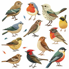 A colorful collection of cartoon birds like parrots, ducks, and owls