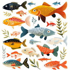 Fototapeta premium Colorful fish of various shapes and sizes swimming in a repeating pattern