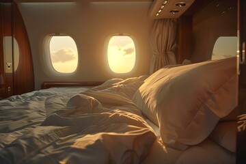 Indulge in Luxury: Private Jet Experience with Royal-Worthy Linens at Sunrise. Concept Luxury Travel, Private Jet, Royal Experience, Sunrise, High-End Linens - obrazy, fototapety, plakaty