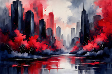 Atmospheric Cityscape: Abstract Oil paint art in Shades of Red with Fluid Shapes and Dynamic Composition