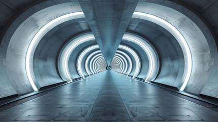 An empty curved tunnel leading through a minimalist, futuristic underground space, characterized by sleek, modern design elements.