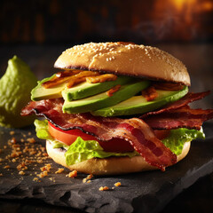 a juicy beef burger served with avocado slices and strips of beef bacon with lettuce