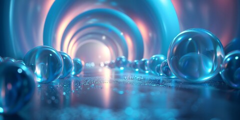 A series of blue spheres are floating in a tunnel