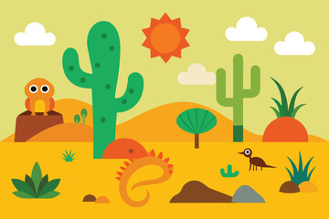 Desert Flora And Fauna Cartoon Set vector