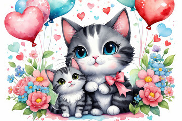 Cute cat mother and kitty animals with flowers and heart-shaped balloons.
