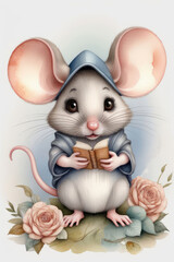 Cute adorable mouse character stands in nature in the style of children-friendly.