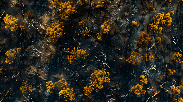 An aerial view of a vast burnt forest landscape, scorched trees amid a patchwork of charred earth and struggling new growth