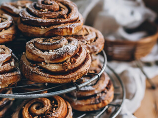 Cinnamon rolls lie on a cooling rack, close-up with icing