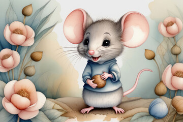 Cute adorable mouse character stands in nature in the style of children-friendly.