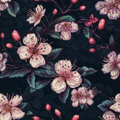 Seamless delicate cherry blossom pattern, vector style, spring wallpaper design. Generative ai