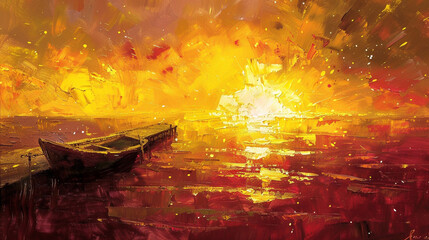 Impressionistic oil painting capturing a boat at a jetty under a vivid sunset sky.