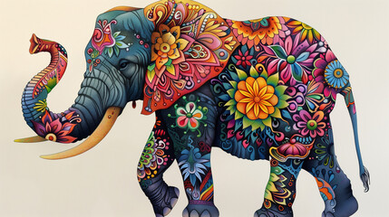 A majestic elephant painted against a crisp white background