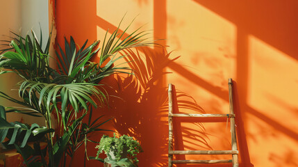 Wooden ladder and houseplants near orange wall in room