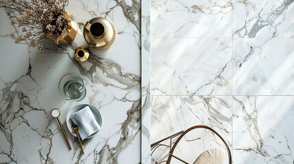 Bold contrasts highlight the intricate details of veined marble tiles.